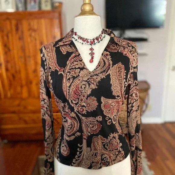 VINTAGE WET SEAL Y2K 90s Paisley Top Long Sleeve V-Neck Collared Black Brown S - Picture 1 of 6